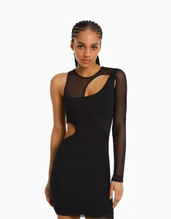 FEMME BERSHKA Robes*Mini-robe asymétrique tulle manches longues