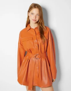 FEMME BERSHKA Robes*Mini-robe chemise manches longues ceinture similicuir