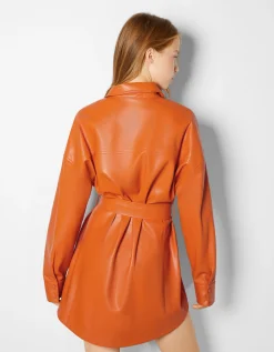 FEMME BERSHKA Robes*Mini-robe chemise manches longues ceinture similicuir