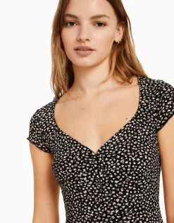 FEMME BERSHKA Robes*Mini-robe manches courtes décolleté imprimé