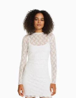 FEMME BERSHKA Vêtements*Mini-robe manches longues en dentelle détail encolure