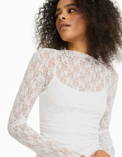 FEMME BERSHKA Vêtements*Mini-robe manches longues en dentelle détail encolure