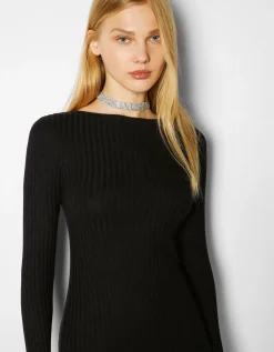 FEMME BERSHKA Party*Mini-robe manches longues bord-côte