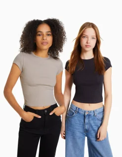 FEMME BERSHKA Packs*Pack 2 T-shirts manches courtes bord-côte