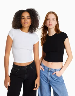 FEMME BERSHKA Basiques*Pack 2 T-shirts manches courtes bord-côte
