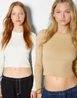 FEMME BERSHKA Packs*Pack 2 T-shirts manches longues bord-côte