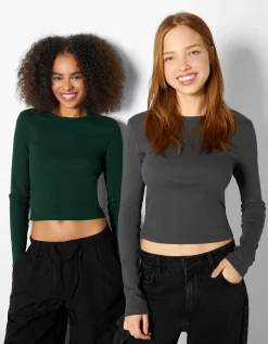 FEMME BERSHKA Packs*Pack 2 T-shirts manches longues bord-côte