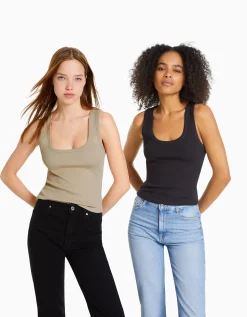FEMME BERSHKA Tee-shirts*Pack 2 T-shirts sans manches bord-côte