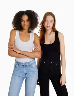 FEMME BERSHKA Basiques*Pack 2 T-shirts sans manches bord-côte