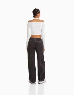 FEMME BERSHKA Vêtements*Pantalon cargo taille basse coton fil contraste