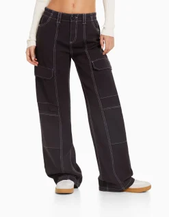FEMME BERSHKA Basiques*Pantalon cargo taille basse coton fil contraste