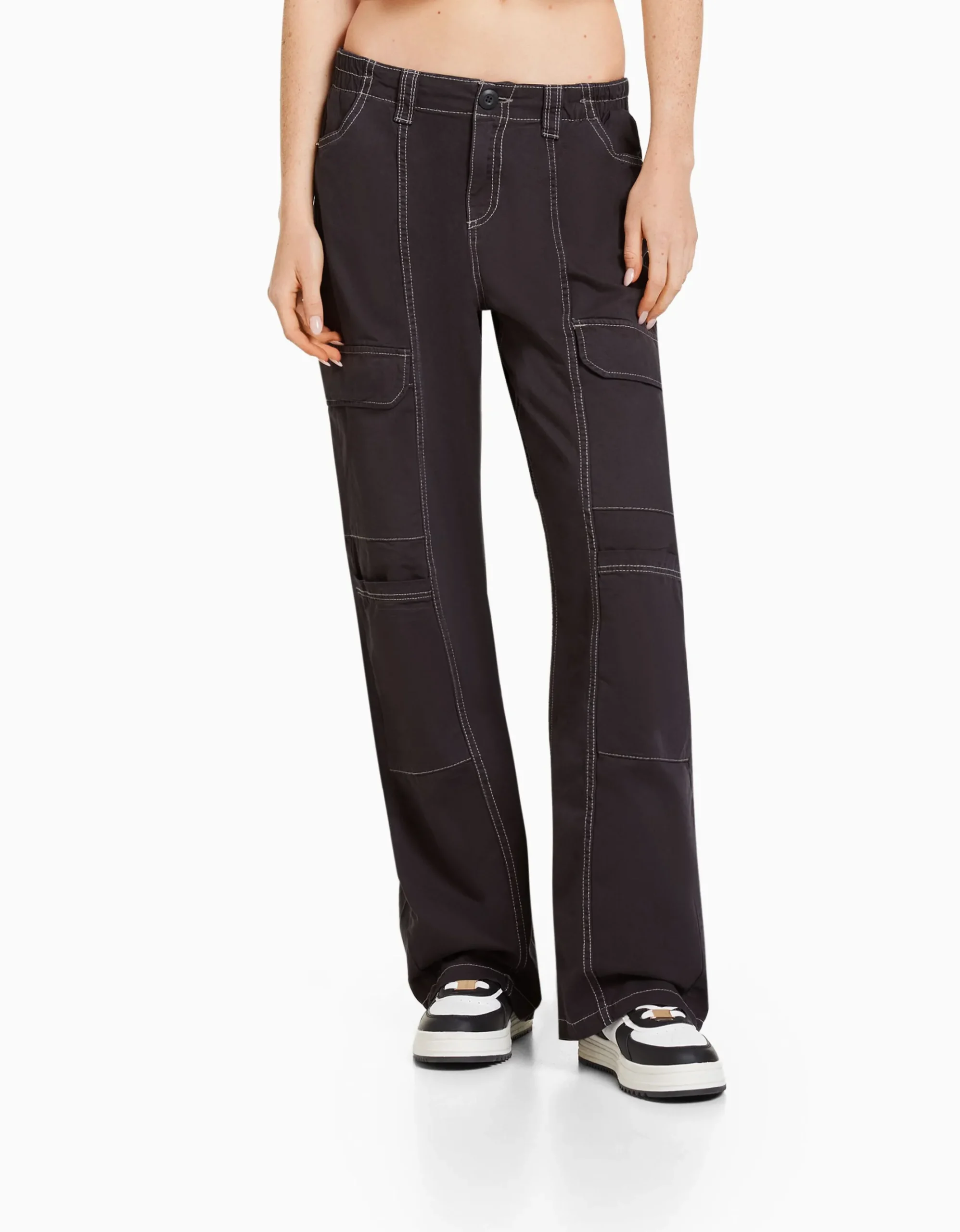 FEMME BERSHKA Vêtements*Pantalon cargo taille basse coton fil contraste