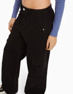 FEMME BERSHKA Cargo et parachute*Pantalon straight cargo sergé taille élastique