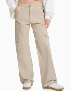 FEMME BERSHKA BSK Teen*Pantalon straight cargo sergé taille élastique