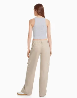 FEMME BERSHKA BSK Teen*Pantalon straight cargo sergé taille élastique