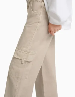 FEMME BERSHKA BSK Teen*Pantalon straight cargo sergé taille élastique
