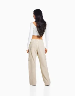 FEMME BERSHKA Pantalons*Pantalon straight cargo sergé taille élastique