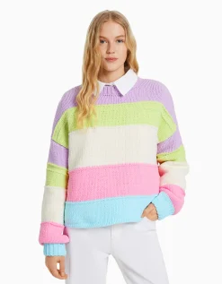 FEMME BERSHKA Maille*Pull chenille rayures multicolores