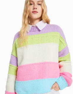 FEMME BERSHKA Maille*Pull chenille rayures multicolores
