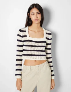 FEMME BERSHKA Maille*Pull col carré rayures
