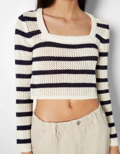 FEMME BERSHKA Maille*Pull col carré rayures