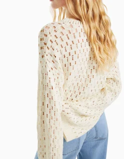 FEMME BERSHKA Maille*Pull col rond rustique ajours