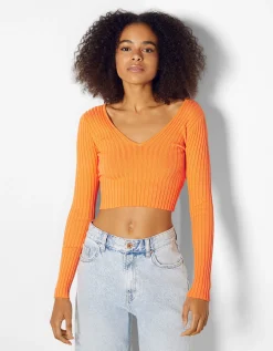 FEMME BERSHKA Maille*Pull col V bord-côte