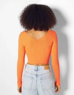 FEMME BERSHKA Maille*Pull col V bord-côte