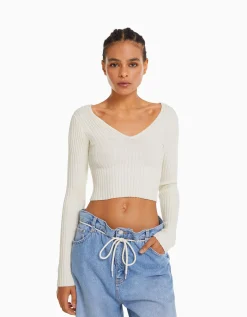 FEMME BERSHKA Vêtements*Pull col V bord-côte