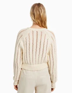 FEMME BERSHKA Maille*Pull cropped col rond ajours