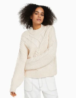 FEMME BERSHKA Maille*Pull cropped tressé col montant