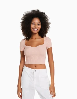 FEMME BERSHKA Tee-shirts*Pull maille manches courtes encolure cœur