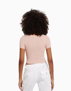 FEMME BERSHKA Tee-shirts*Pull maille manches courtes encolure cœur