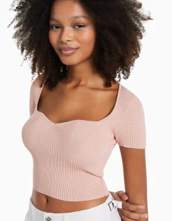 FEMME BERSHKA Tee-shirts*Pull maille manches courtes encolure cœur