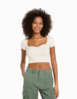 FEMME BERSHKA Tee-shirts*Pull maille manches courtes encolure cœur