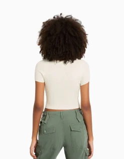 FEMME BERSHKA Tee-shirts*Pull maille manches courtes encolure cœur