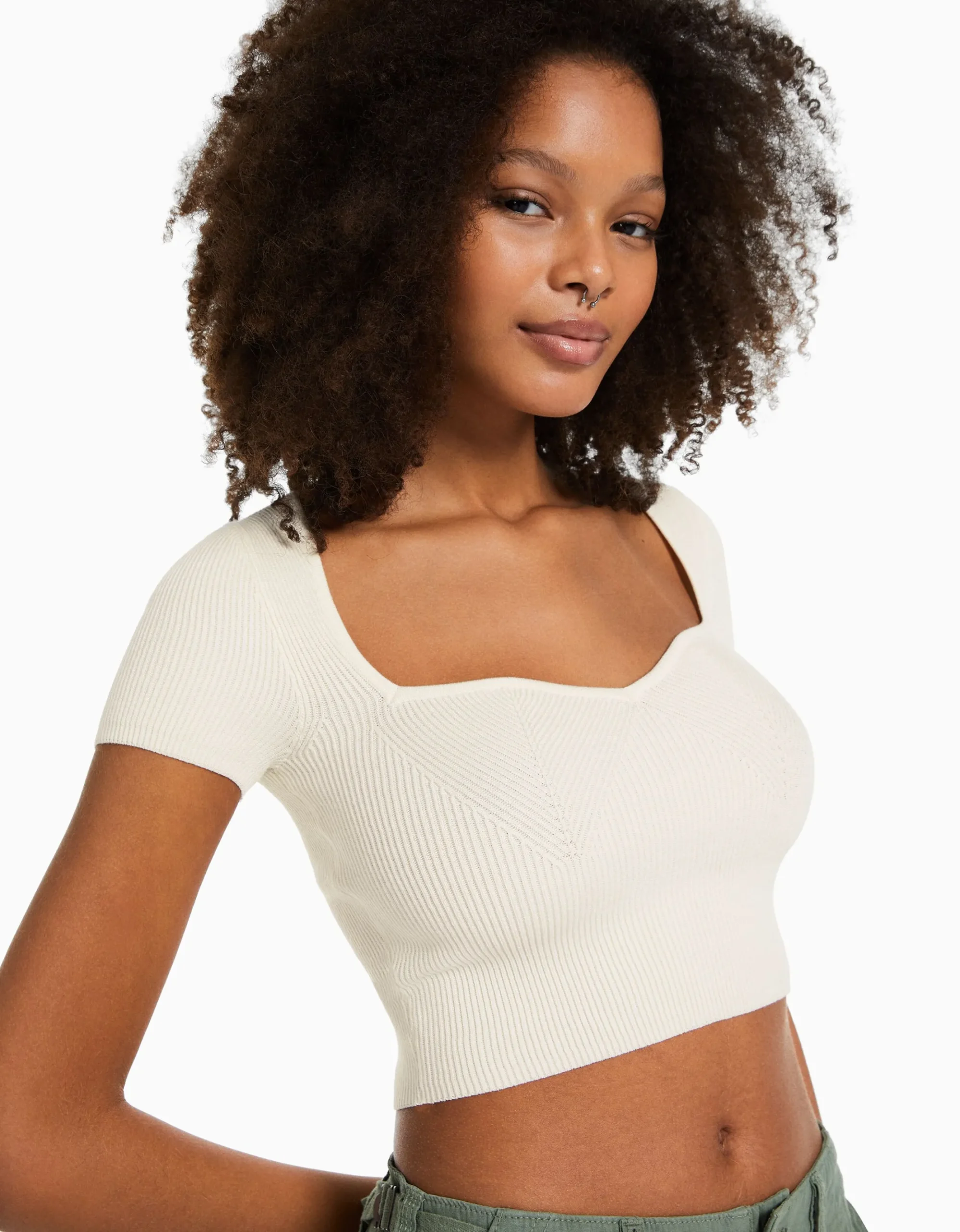 FEMME BERSHKA Tee-shirts*Pull maille manches courtes encolure cœur