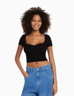 FEMME BERSHKA Tee-shirts*Pull maille manches courtes encolure cœur