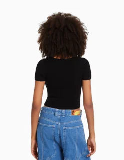 FEMME BERSHKA Tee-shirts*Pull maille manches courtes encolure cœur