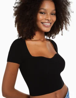 FEMME BERSHKA Tee-shirts*Pull maille manches courtes encolure cœur