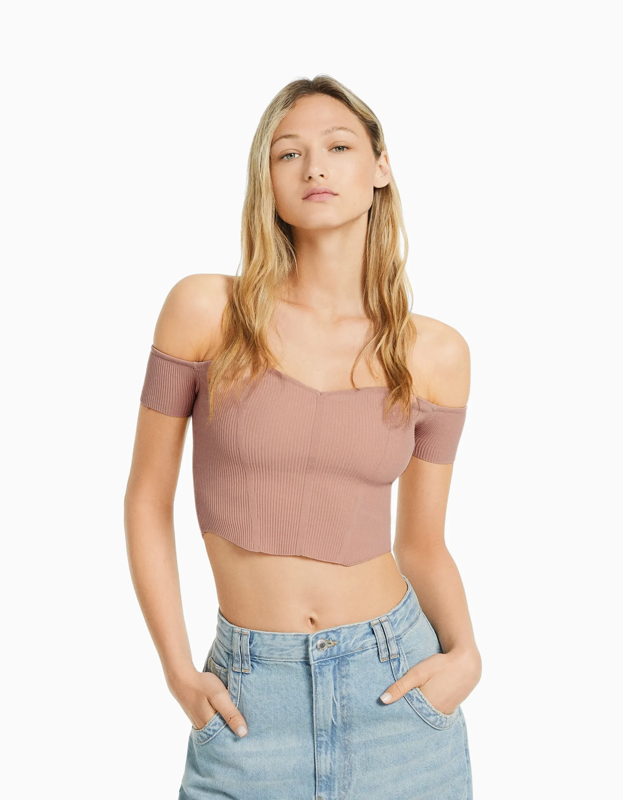 FEMME BERSHKA Tops et corsets*Pull manches courtes corset Bardot