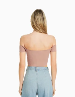 FEMME BERSHKA Tops et corsets*Pull manches courtes corset Bardot