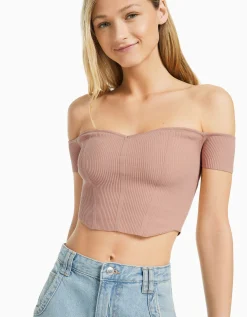 FEMME BERSHKA Tops et corsets*Pull manches courtes corset Bardot