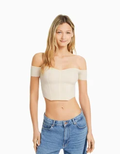 FEMME BERSHKA Tops et corsets*Pull manches courtes corset Bardot