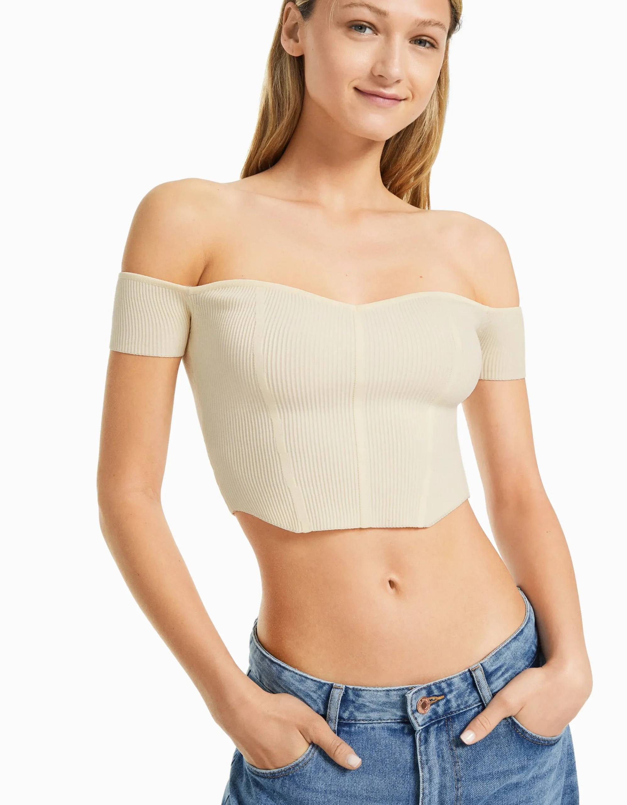 FEMME BERSHKA Tops et corsets*Pull manches courtes corset Bardot