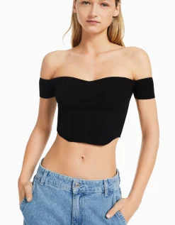 FEMME BERSHKA Tops et corsets*Pull manches courtes corset Bardot
