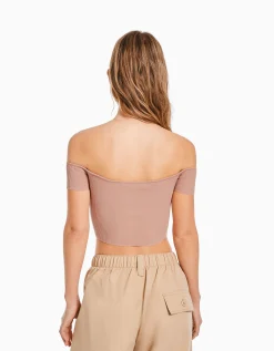FEMME BERSHKA Tops et corsets*Pull manches courtes corset Bardot