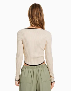 FEMME BERSHKA Maille*Pull manches longues col nœud bord-côte