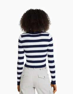 FEMME BERSHKA Maille*Pull rayé col polo bord-côte