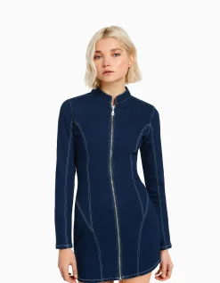 FEMME BERSHKA Vêtements*Robe denim moulante manches longues fil contraste